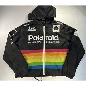 Polaroid Windbreaker Mens Large Black Hooded Pullover 1/4 Zip Retro Jacket